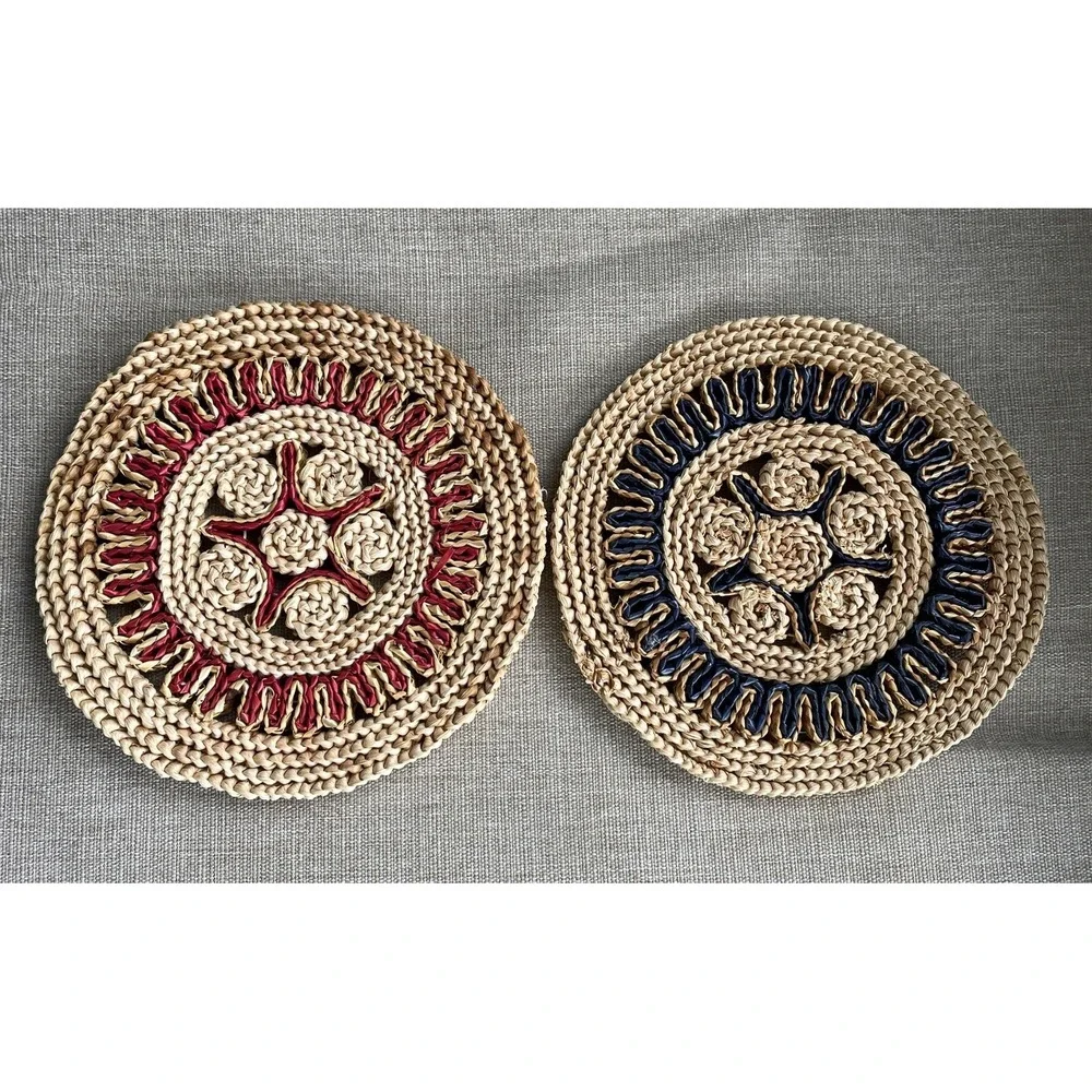 VINTAGE Wicker Straw Trivet Hot Pad Woven Rattan Raffia Boho Set Of 2